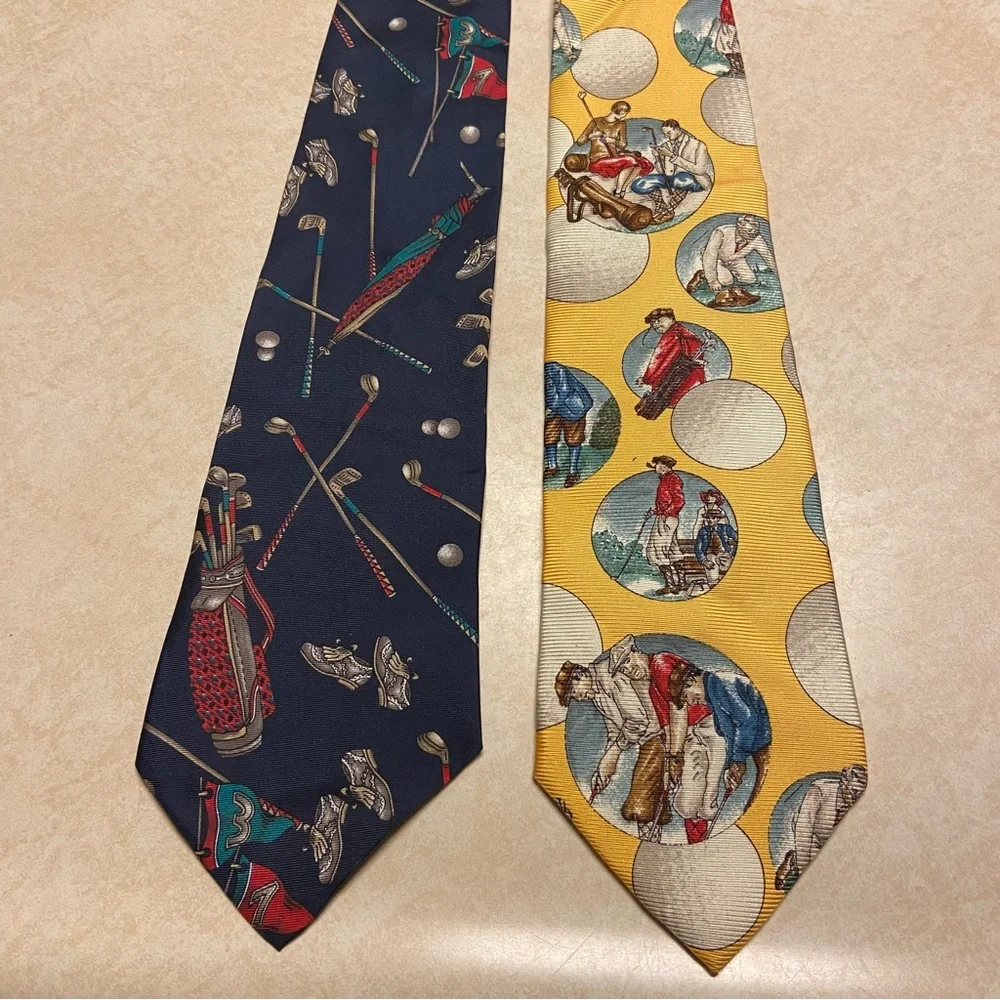 Vintage Prestige Jos. A. Bank Lot of 2 100% Silk Neck Ties USA Made Golf Golfing